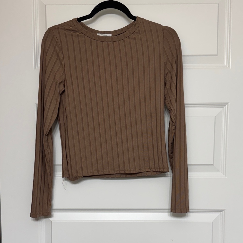 Brown Ribbed Long Sleeve Top